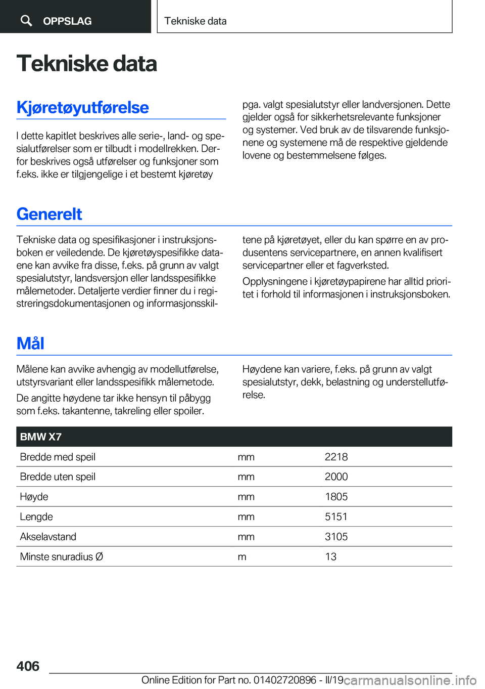 BMW X7 2019  InstruksjonsbØker (in Norwegian) �T�e�k�n�i�s�k�e��d�a�t�a�K�j�