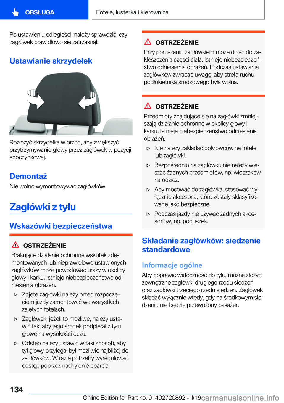 BMW X7 2019  Instrukcja obsługi (in Polish) �P�o��u�s�t�a�w�i�e�n�i�u��o�d�l�e�g�ł�o�c�i�,��n�a�l�e9�y��s�p�r�a�w�d�z�i�