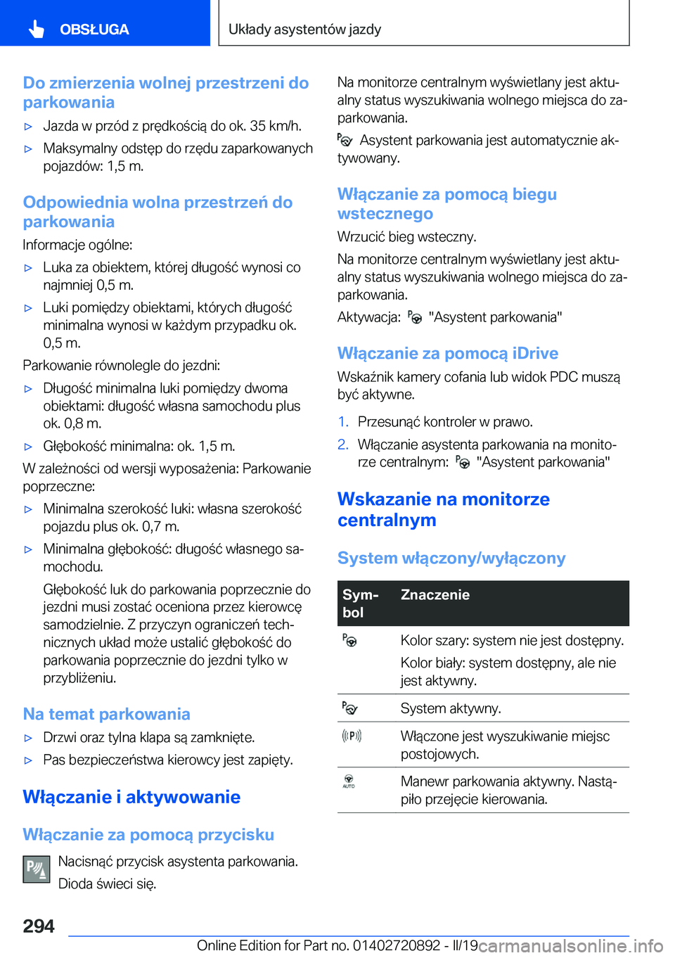 BMW X7 2019  Instrukcja obsługi (in Polish) �D�o��z�m�i�e�r�z�e�n�i�a��w�o�l�n�e�j��p�r�z�e�s�t�r�z�e�n�i��d�o
�p�a�r�k�o�w�a�n�i�a'x�J�a�z�d�a��w��p�r�z�