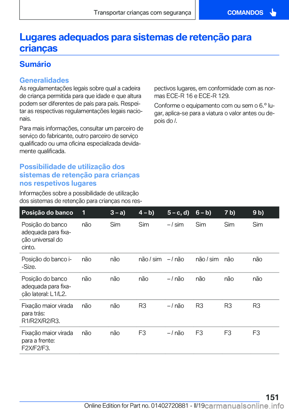 BMW X7 2019  Manual do condutor (in Portuguese) �L�u�g�a�r�e�s��a�d�e�q�u�a�d�o�s��p�a�r�a��s�i�s�t�e�m�a�s��d�e��r�e�t�e�n�