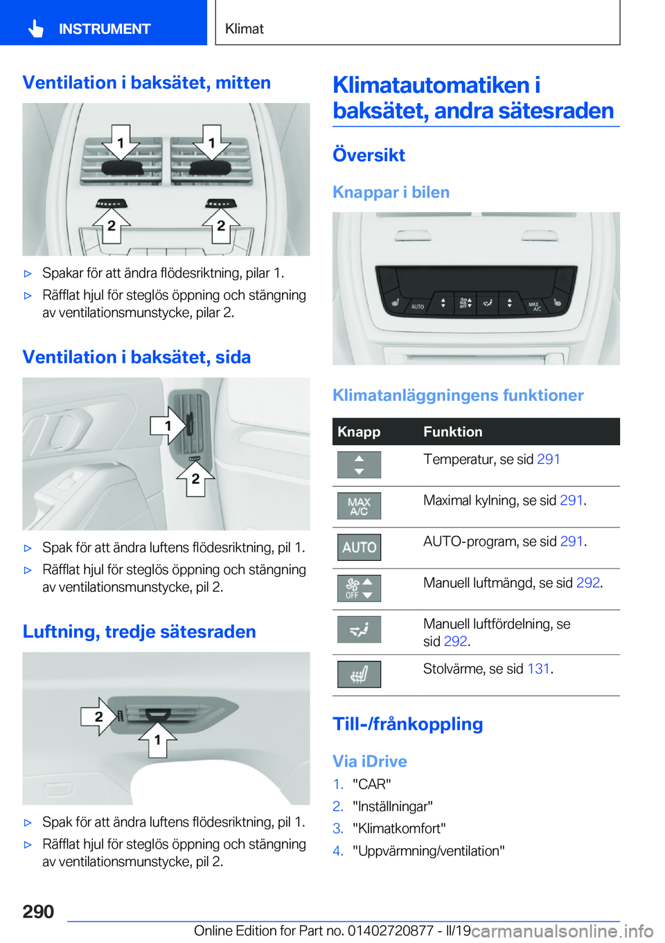 BMW X7 2019  InstruktionsbÖcker (in Swedish) �V�e�n�t�i�l�a�t�i�o�n��i��b�a�k�s�ä�t�e�t�,��m�i�t�t�e�nx�S�p�a�k�a�r��f�