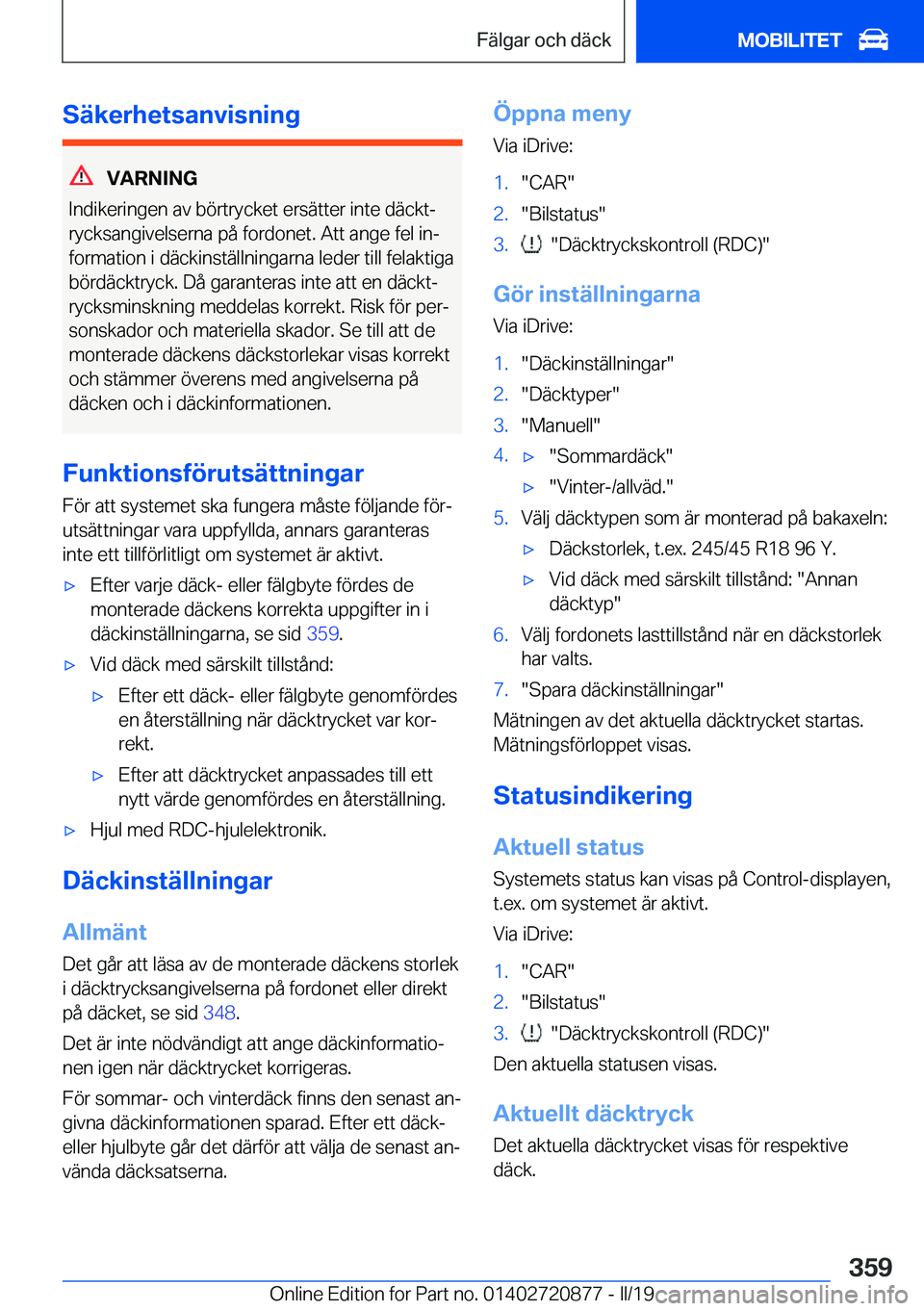 BMW X7 2019  InstruktionsbÖcker (in Swedish) �S�ä�k�e�r�h�e�t�s�a�n�v�i�s�n�i�n�g
�V�A�R�N�I�N�G
�I�n�d�i�k�e�r�i�n�g�e�n��a�v��b�