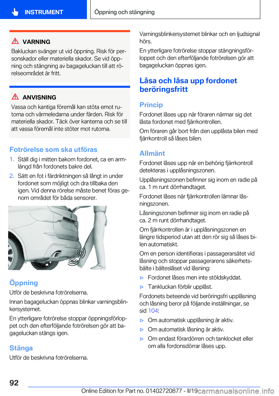 BMW X7 2019  InstruktionsbÖcker (in Swedish) �V�A�R�N�I�N�G
�B�a�k�l�u�c�k�a�n��s�v�ä�n�g�e�r��u�t��v�i�d��