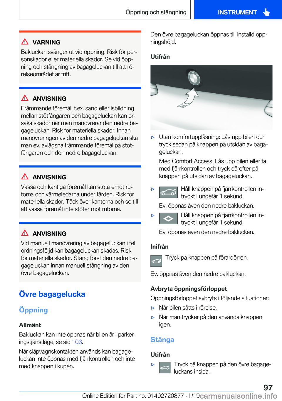 BMW X7 2019  InstruktionsbÖcker (in Swedish) �V�A�R�N�I�N�G
�B�a�k�l�u�c�k�a�n��s�v�ä�n�g�e�r��u�t��v�i�d��