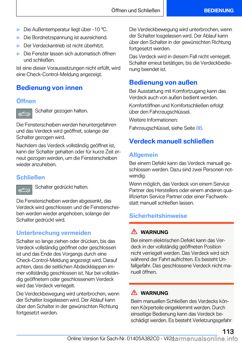 BMW Z4 2022  Betriebsanleitungen (in German) x�D�i�e��A�u�