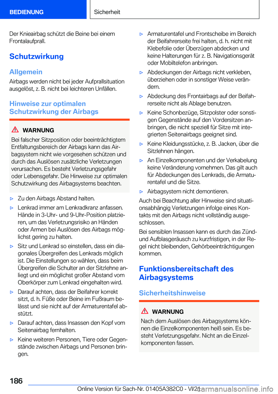 BMW Z4 2022  Betriebsanleitungen (in German) �D�e�r��K�n�i�e�a�i�r�b�a�g��s�c�h�