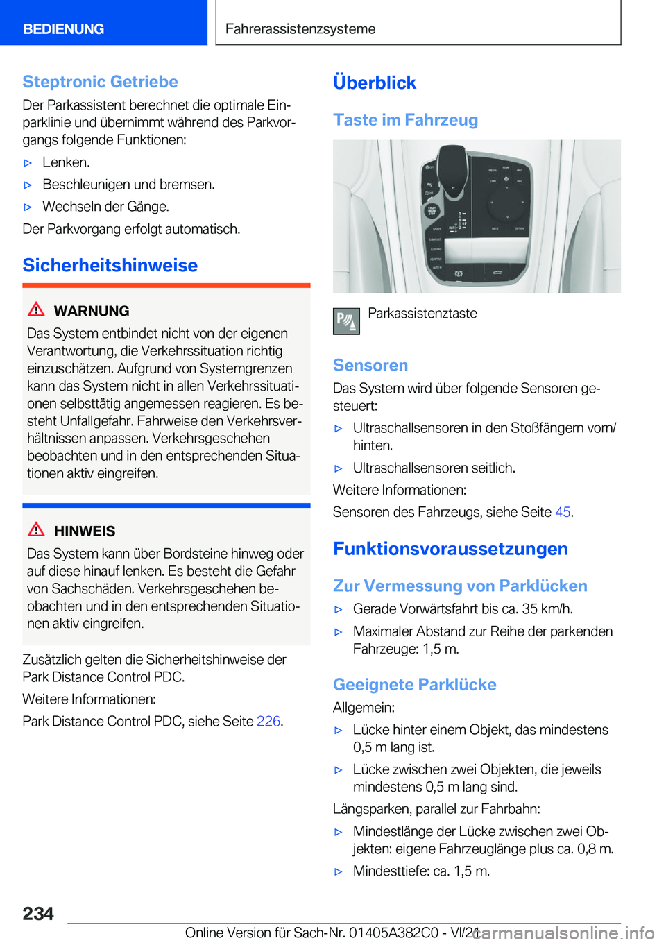 BMW Z4 2022  Betriebsanleitungen (in German) �S�t�e�p�t�r�o�n�i�c��G�e�t�r�i�e�b�e
�D�e�r��P�a�r�k�a�s�s�i�s�t�e�n�t��b�e�r�e�c�h�n�e�t��d�i�e��o�p�t�i�m�a�l�e��E�i�nj
�p�a�r�k�l�i�n�i�e��u�n�d��