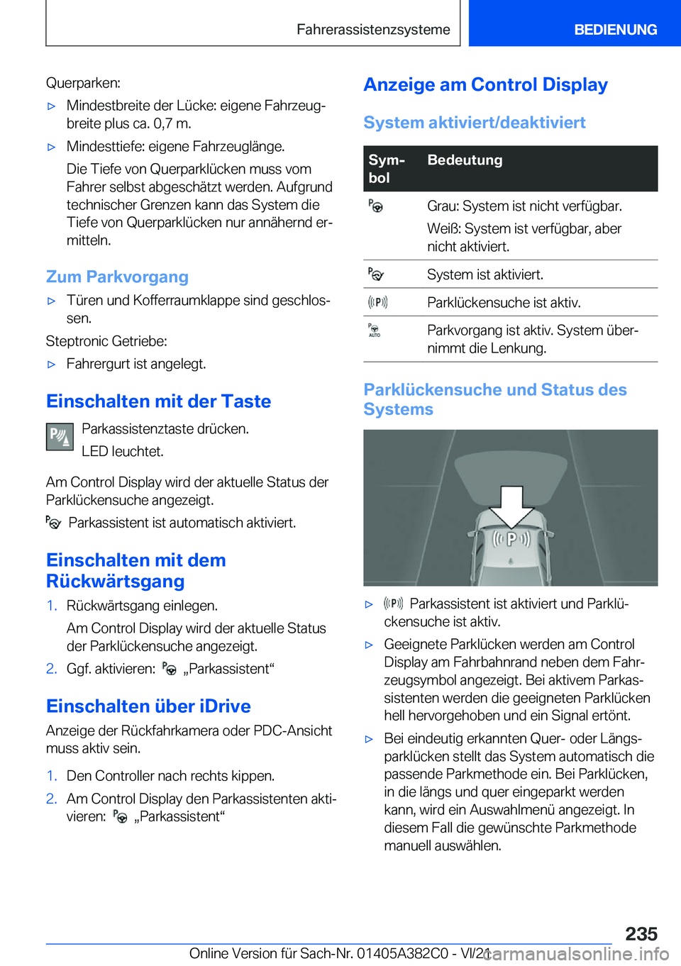 BMW Z4 2022  Betriebsanleitungen (in German) �Q�u�e�r�p�a�r�k�e�n�:x�M�i�n�d�e�s�t�b�r�e�i�t�e��d�e�r��L�
