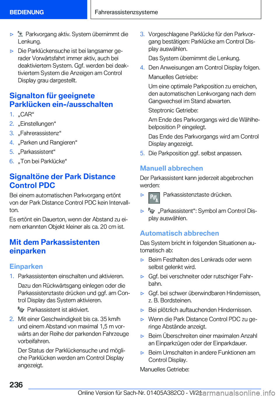 BMW Z4 2022  Betriebsanleitungen (in German) x���P�a�r�k�v�o�r�g�a�n�g��a�k�t�i�v�.��S�y�s�t�e�m��