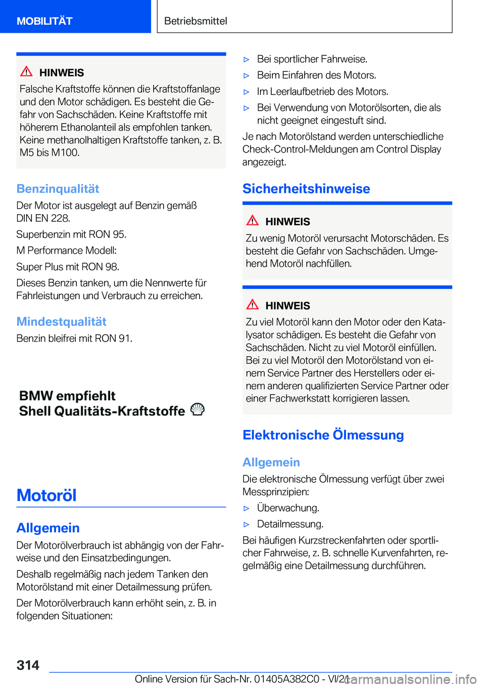 BMW Z4 2022  Betriebsanleitungen (in German) �H�I�N�W�E�I�S
�F�a�l�s�c�h�e��K�r�a�f�t�s�t�o�f�f�e��k�