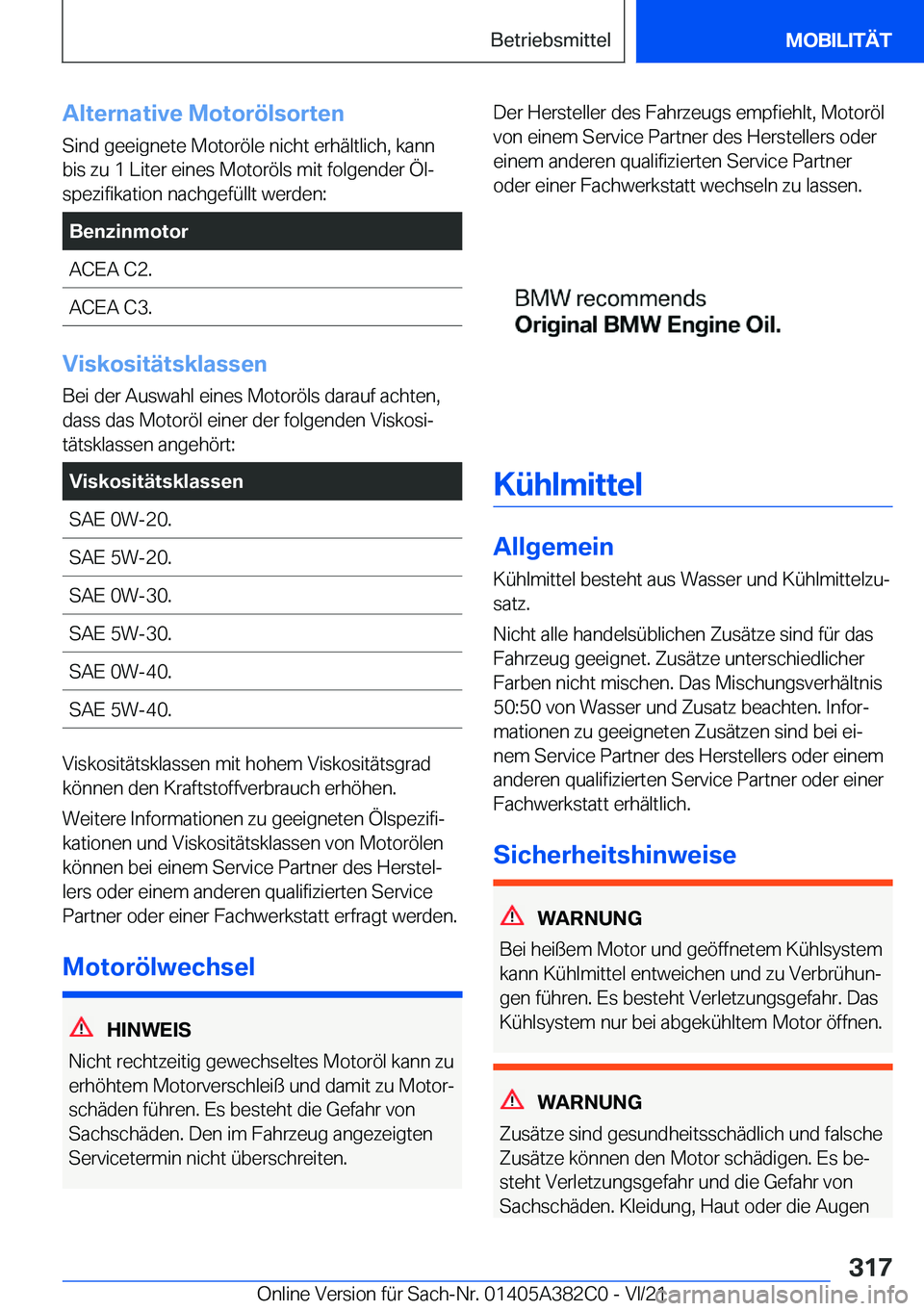 BMW Z4 2022  Betriebsanleitungen (in German) �A�l�t�e�r�n�a�t�i�v�e��M�o�t�o�r�