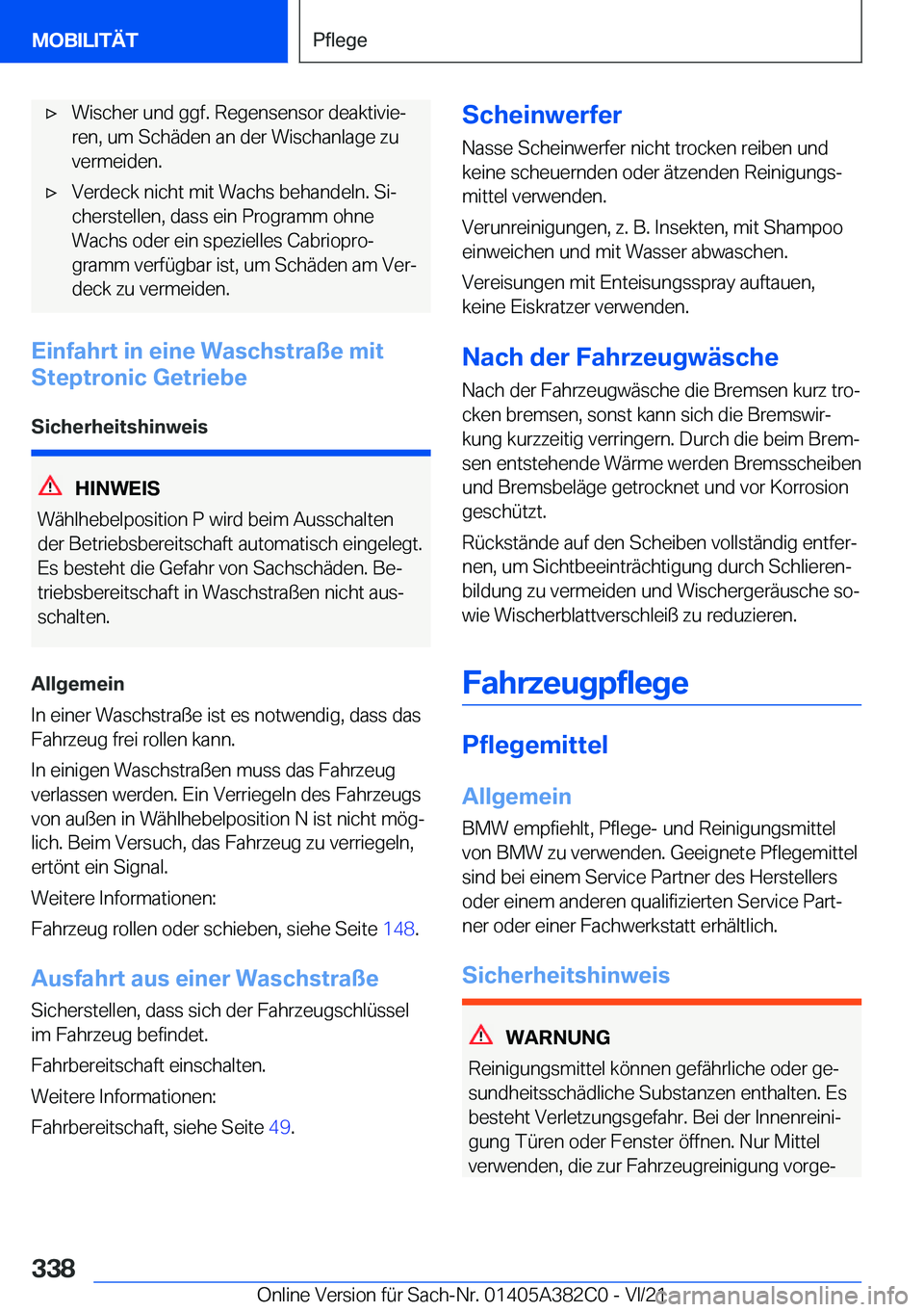BMW Z4 2022  Betriebsanleitungen (in German) x�W�i�s�c�h�e�r��u�n�d��g�g�f�.��R�e�g�e�n�s�e�n�s�o�r��d�e�a�k�t�i�v�i�ej�r�e�n�,��u�m��S�c�h�