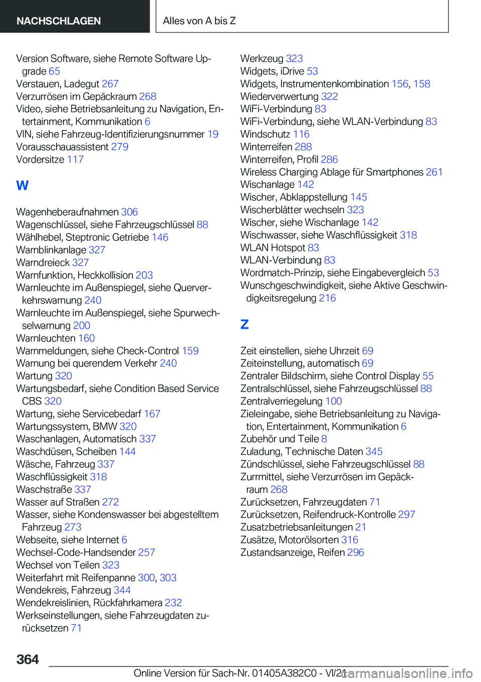 BMW Z4 2022  Betriebsanleitungen (in German) �V�e�r�s�i�o�n��S�o�f�t�w�a�r�e�,��s�i�e�h�e��R�e�m�o�t�e��S�o�f�t�w�a�r�e��U�pj�g�r�a�d�e� �6�5�
�V�e�r�s�t�a�u�e�n�,��L�a�d�e�g�u�t� �2�6�7�
�V�e�r�z�u�r�r�