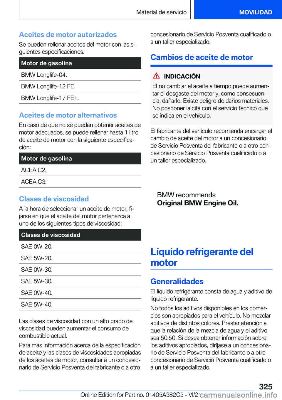 BMW Z4 2022  Manuales de Empleo (in Spanish) �A�c�e�i�t�e�s��d�e��m�o�t�o�r��a�u�t�o�r�i�z�a�d�o�s�S�e��p�u�e�d�e�n��r�e�l�l�e�n�a�r��a�c�e�i�t�e�s��d�e�l��m�o�t�o�r��c�o�n��l�a�s��s�iª
�g�u�i�e�n�t�e�s��e�s�p�e�c�i�f�i�c�a�c�i�o�n