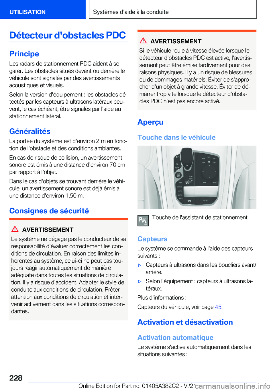 BMW Z4 2022  Notices Demploi (in French) �D�é�t�e�c�t�e�u�r��d�'�o�b�s�t�a�c�l�e�s��P�D�C
�P�r�i�n�c�i�p�e
�L�e�s��r�a�d�a�r�s��d�e��s�t�a�t�i�o�n�n�e�m�e�n�t��P�D�C��a�i�d�e�n�t��