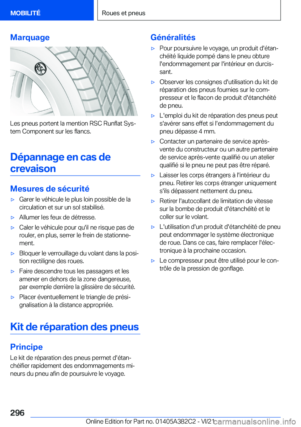 BMW Z4 2022  Notices Demploi (in French) �M�a�r�q�u�a�g�e
�L�e�s��p�n�e�u�s��p�o�r�t�e�n�t��l�a��m�e�n�t�i�o�n��R�S�C��R�u�n�f�l�a�t��S�y�sj
�t�e�m��C�o�m�p�o�n�e�n�t��s�u�r��l�e�s��f�l�a�n�c�s�.
�D�é�p�a�n�n�a�g�e��e�n��c�a�s