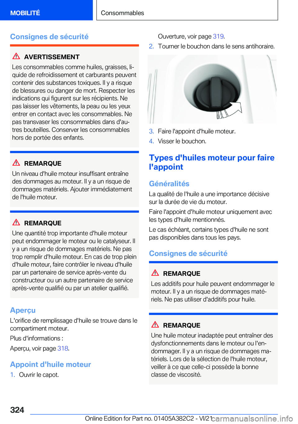 BMW Z4 2022  Notices Demploi (in French) �C�o�n�s�i�g�n�e�s��d�e��s�é�c�u�r�i�t�é
�A�V�E�R�T�I�S�S�E�M�E�N�T
�L�e�s��c�o�n�s�o�m�m�a�b�l�e�s��c�o�m�m�e��h�u�i�l�e�s�,��g�r�a�i�s�s�e�s�,��l�ij
�q�u�i�d�e��d�e��r�e�f�r�o�i�d�i�s�s�