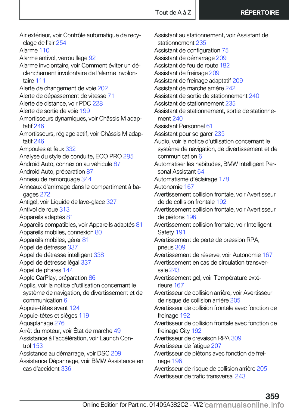 BMW Z4 2022  Notices Demploi (in French) �A�i�r��e�x�t�é�r�i�e�u�r�,��v�o�i�r��C�o�n�t�r�