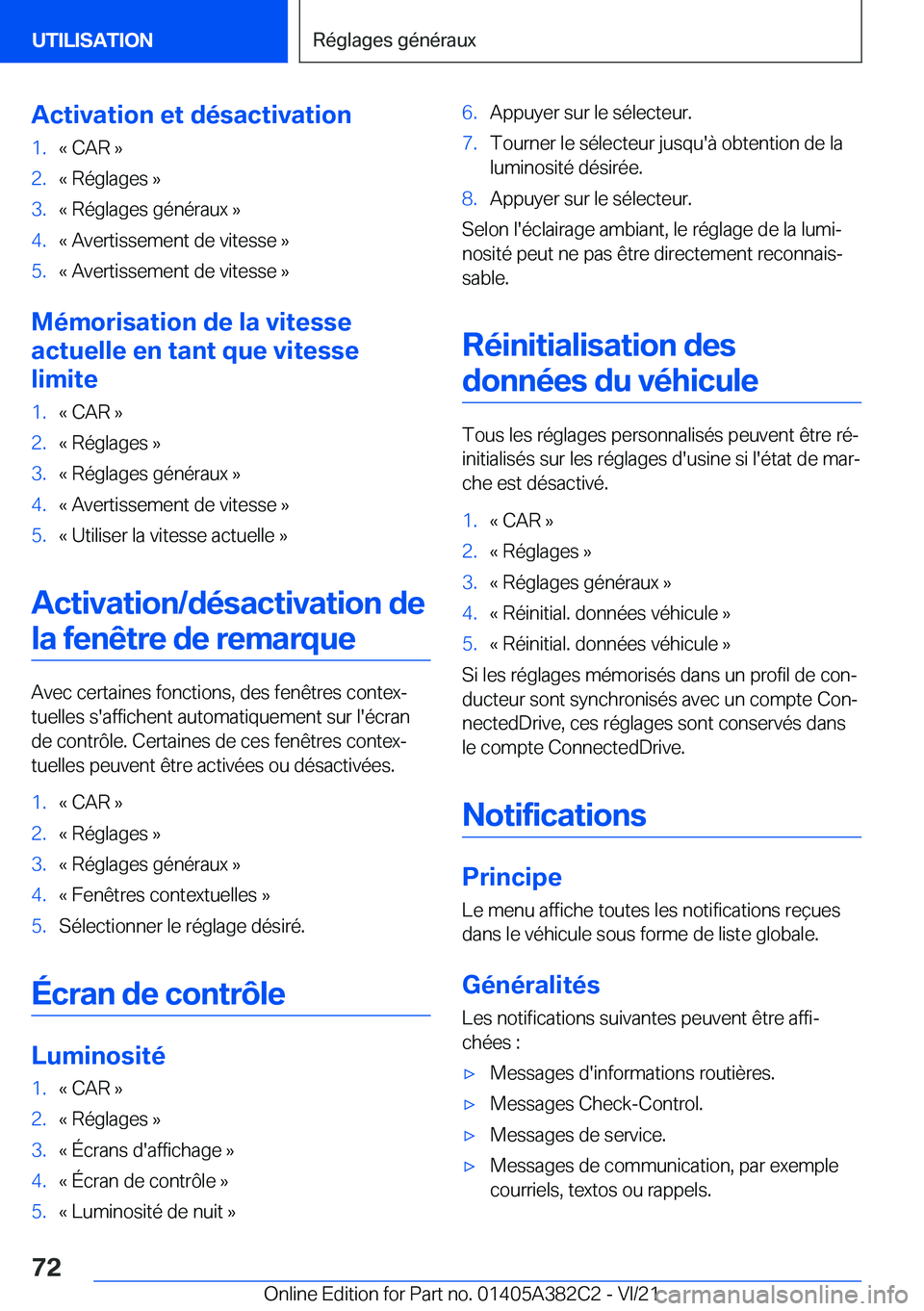 BMW Z4 2022  Notices Demploi (in French) �A�c�t�i�v�a�t�i�o�n��e�t��d�é�s�a�c�t�i�v�a�t�i�o�n�1�.�k��C�A�R��{�2�.�k��R�é�g�l�a�g�e�s��{�3�.�k��R�é�g�l�a�g�e�s��g�é�n�é�r�a�u�x��{�4�.�k��A�v�e�r�t�i�s�s�e�m�e�n�t��d�e��v�i�t�