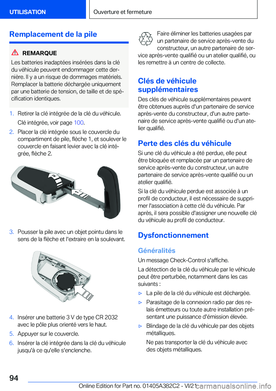 BMW Z4 2022  Notices Demploi (in French) �R�e�m�p�l�a�c�e�m�e�n�t��d�e��l�a��p�i�l�e
�R�E�M�A�R�Q�U�E
�L�e�s��b�a�t�t�e�r�i�e�s��i�n�a�d�a�p�t�é�e�s��i�n�s�é�r�é�e�s��d�a�n�s��l�a��c�l�é
�d�u��v�é�h�i�c�u�l�e��p�e�u�v�e�n�t�
