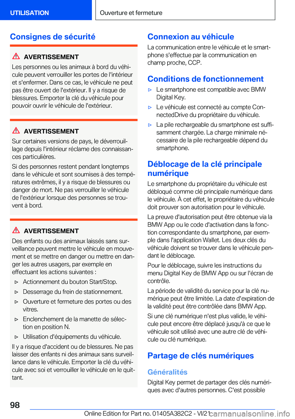 BMW Z4 2022  Notices Demploi (in French) �C�o�n�s�i�g�n�e�s��d�e��s�é�c�u�r�i�t�é
�A�V�E�R�T�I�S�S�E�M�E�N�T
�L�e�s��p�e�r�s�o�n�n�e�s��o�u��l�e�s��a�n�i�m�a�u�x��