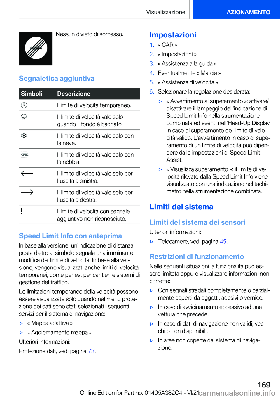 BMW Z4 2022  Libretti Di Uso E manutenzione (in Italian) �N�e�s�s�u�n��d�i�v�i�e�t�o��d�i��s�o�r�p�a�s�s�o�.
�S�e�g�n�a�l�e�t�i�c�a��a�g�g�i�u�n�t�i�v�a�S�i�m�b�o�l�i�D�e�s�c�r�i�z�i�o�n�e��L�i�m�i�t�e��d�i��v�e�l�o�c�i�t�