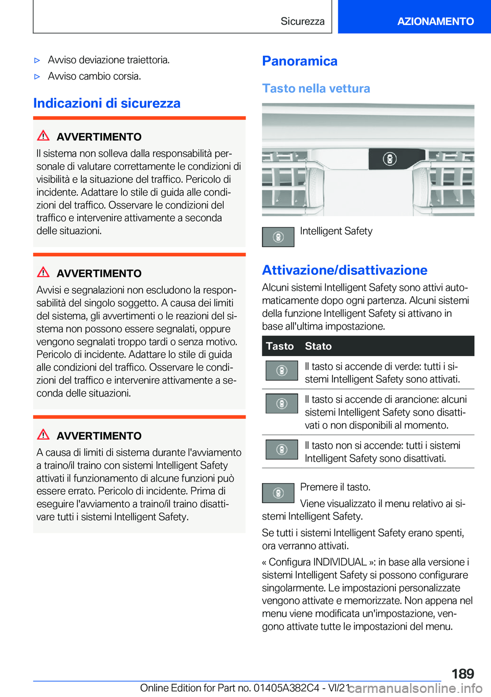 BMW Z4 2022  Libretti Di Uso E manutenzione (in Italian) 'x�A�v�v�i�s�o��d�e�v�i�a�z�i�o�n�e��t�r�a�i�e�t�t�o�r�i�a�.'x�A�v�v�i�s�o��c�a�m�b�i�o��c�o�r�s�i�a�.
�I�n�d�i�c�a�z�i�o�n�i��d�i��s�i�c�u�r�e�z�z�a
�A�V�V�E�R�T�I�M�E�N�T�O
�I�l��s�i�