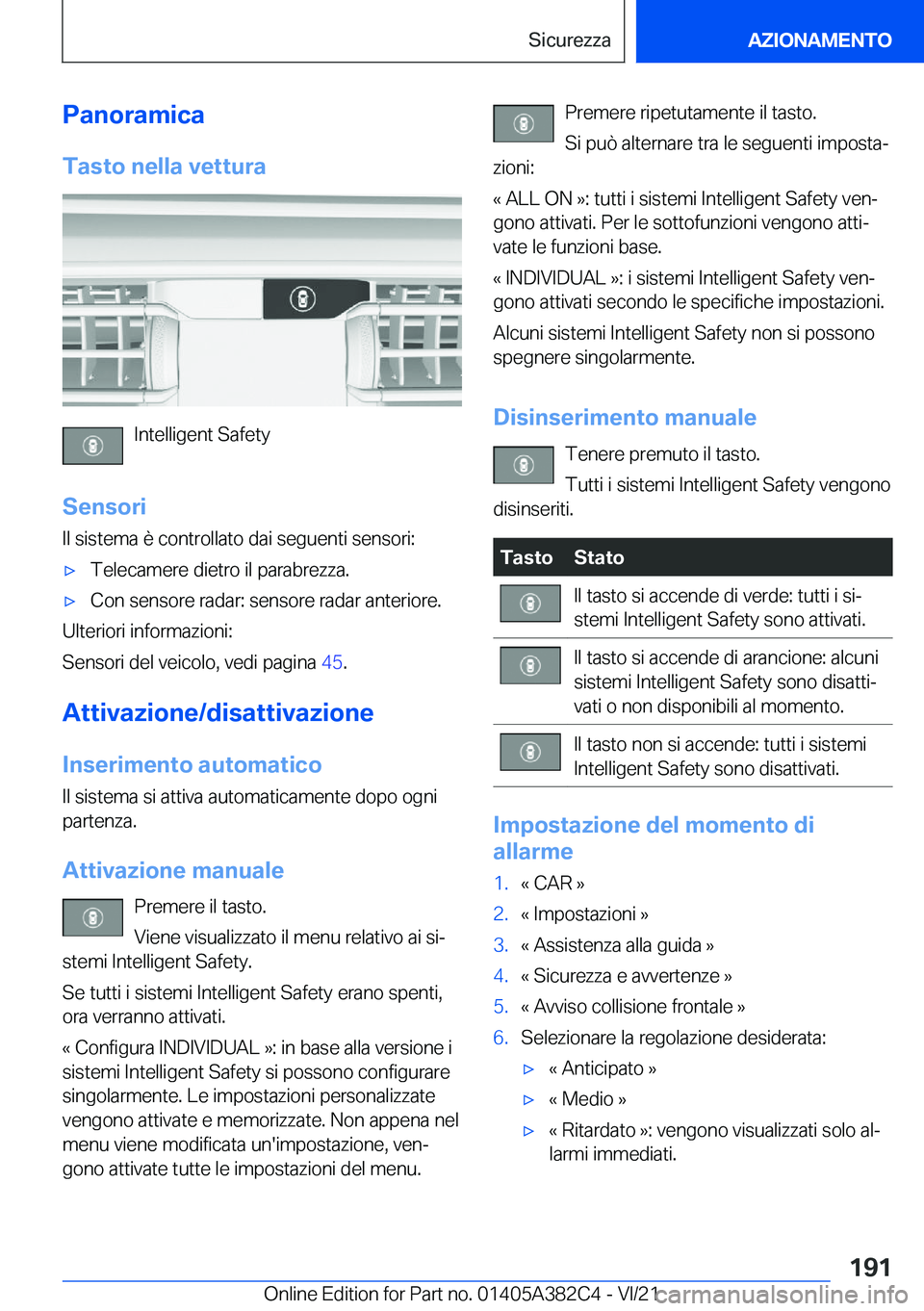 BMW Z4 2022  Libretti Di Uso E manutenzione (in Italian) �P�a�n�o�r�a�m�i�c�a�T�a�s�t�o��n�e�l�l�a��v�e�t�t�u�r�a
�I�n�t�e�l�l�i�g�e�n�t��S�a�f�e�t�y
�S�e�n�s�o�r�i �I�l��s�i�s�t�e�m�a��è��c�o�n�t�r�o�l�l�a�t�o��d�a�i��s�e�g�u�e�n�t�i��s�e�n�s�o�r