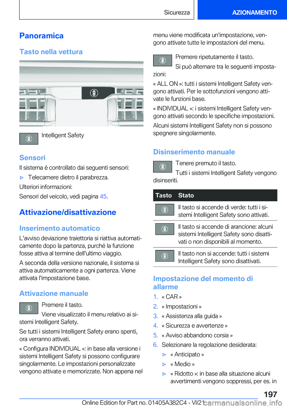 BMW Z4 2022  Libretti Di Uso E manutenzione (in Italian) �P�a�n�o�r�a�m�i�c�a�T�a�s�t�o��n�e�l�l�a��v�e�t�t�u�r�a
�I�n�t�e�l�l�i�g�e�n�t��S�a�f�e�t�y
�S�e�n�s�o�r�i �I�l��s�i�s�t�e�m�a��è��c�o�n�t�r�o�l�l�a�t�o��d�a�i��s�e�g�u�e�n�t�i��s�e�n�s�o�r