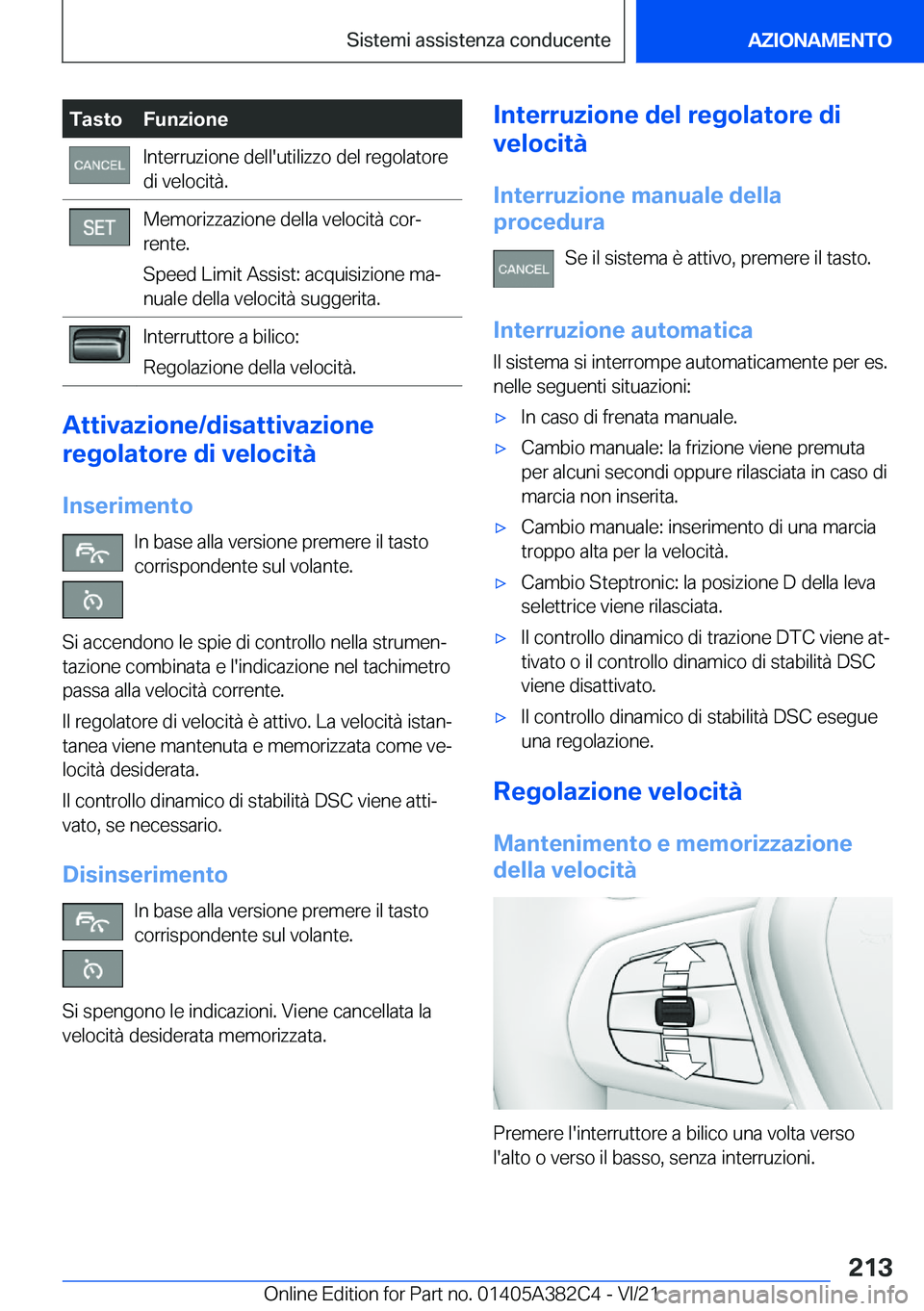 BMW Z4 2022  Libretti Di Uso E manutenzione (in Italian) �T�a�s�t�o�F�u�n�z�i�o�n�e�I�n�t�e�r�r�u�z�i�o�n�e��d�e�l�l�'�u�t�i�l�i�z�z�o��d�e�l��r�e�g�o�l�a�t�o�r�e
�d�i��v�e�l�o�c�i�t�