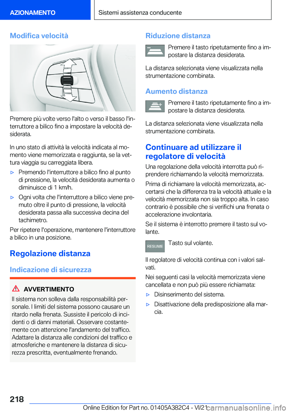 BMW Z4 2022  Libretti Di Uso E manutenzione (in Italian) �M�o�d�i�f�i�c�a��v�e�l�o�c�i�t�