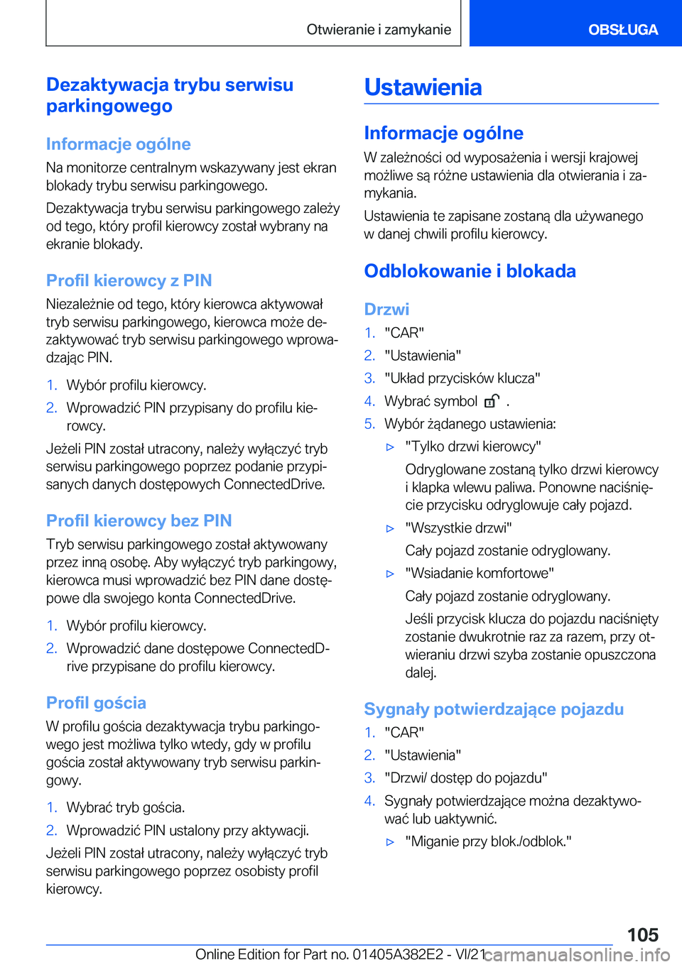 BMW Z4 2022  Instrukcja obsługi (in Polish) �D�e�z�a�k�t�y�w�a�c�j�a��t�r�y�b�u��s�e�r�w�i�s�u
�p�a�r�k�i�n�g�o�w�e�g�o
�I�n�f�o�r�m�a�c�j�e��o�g�