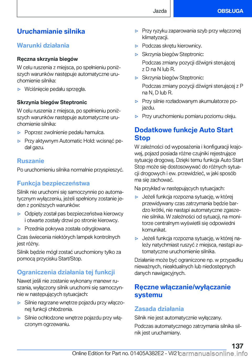 BMW Z4 2022  Instrukcja obsługi (in Polish) �U�r�u�c�h�a�m�i�a�n�i�e��s�i�l�n�i�k�a�W�a�r�u�n�k�i��d�z�i�a�ł�a�n�i�a
�R�