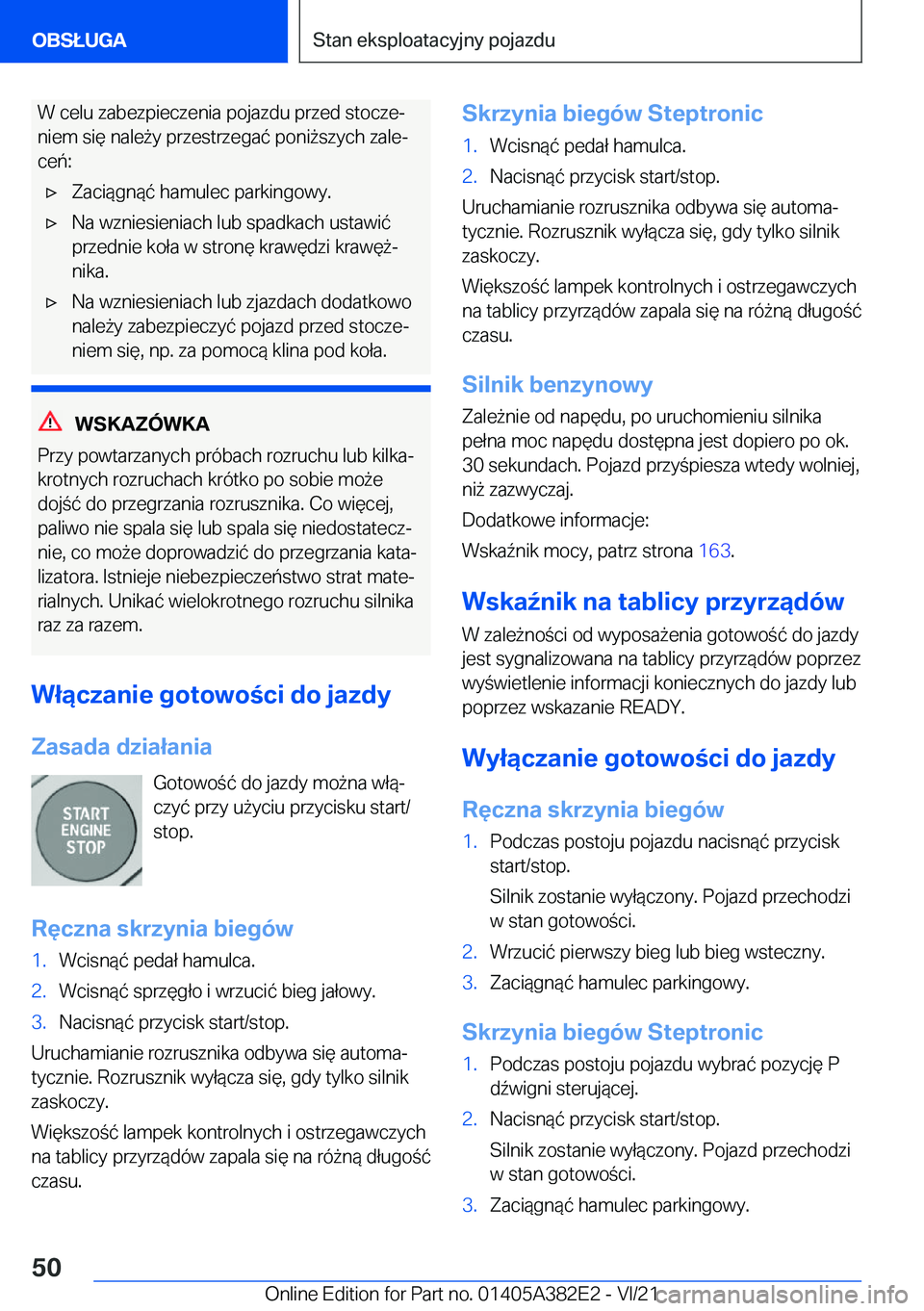 BMW Z4 2022  Instrukcja obsługi (in Polish) �W��c�e�l�u��z�a�b�e�z�p�i�e�c�z�e�n�i�a��p�o�j�a�z�d�u��p�r�z�e�d��s�t�o�c�z�ej�n�i�e�m��s�i�