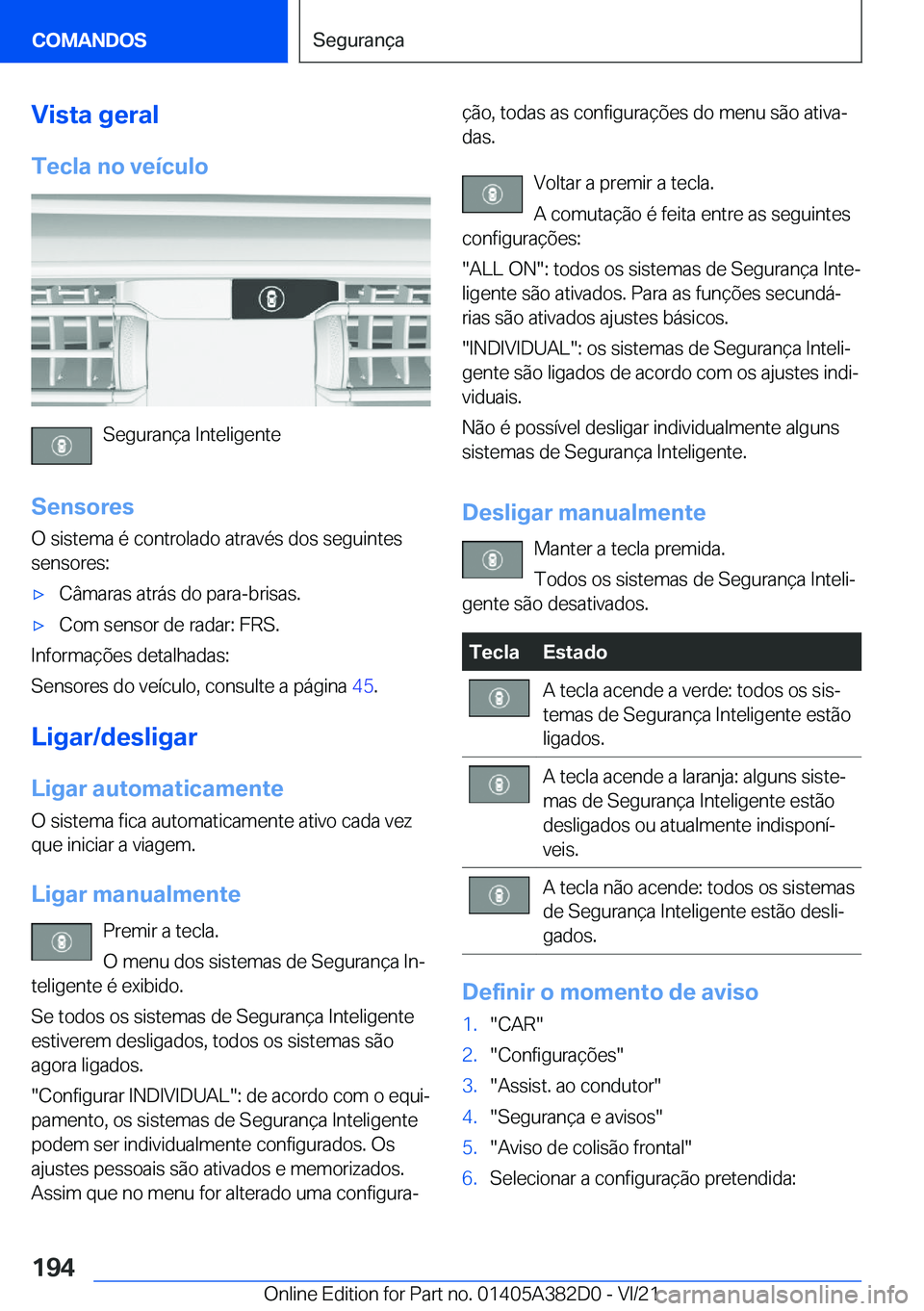 BMW Z4 2022  Manual do condutor (in Portuguese) �V�i�s�t�a��g�e�r�a�l�T�e�c�l�a��n�o��v�e�