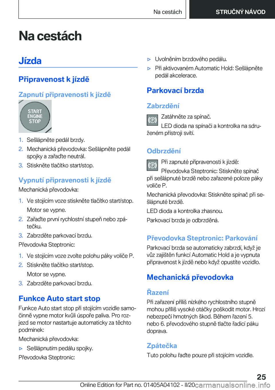 BMW Z4 2020  Návod na použití (in Czech) �N�a��c�e�s�t�