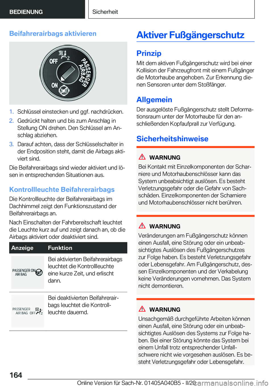BMW Z4 2020  Betriebsanleitungen (in German) �B�e�i�f�a�h�r�e�r�a�i�r�b�a�g�s��a�k�t�i�v�i�e�r�e�n�1�.�S�c�h�l�