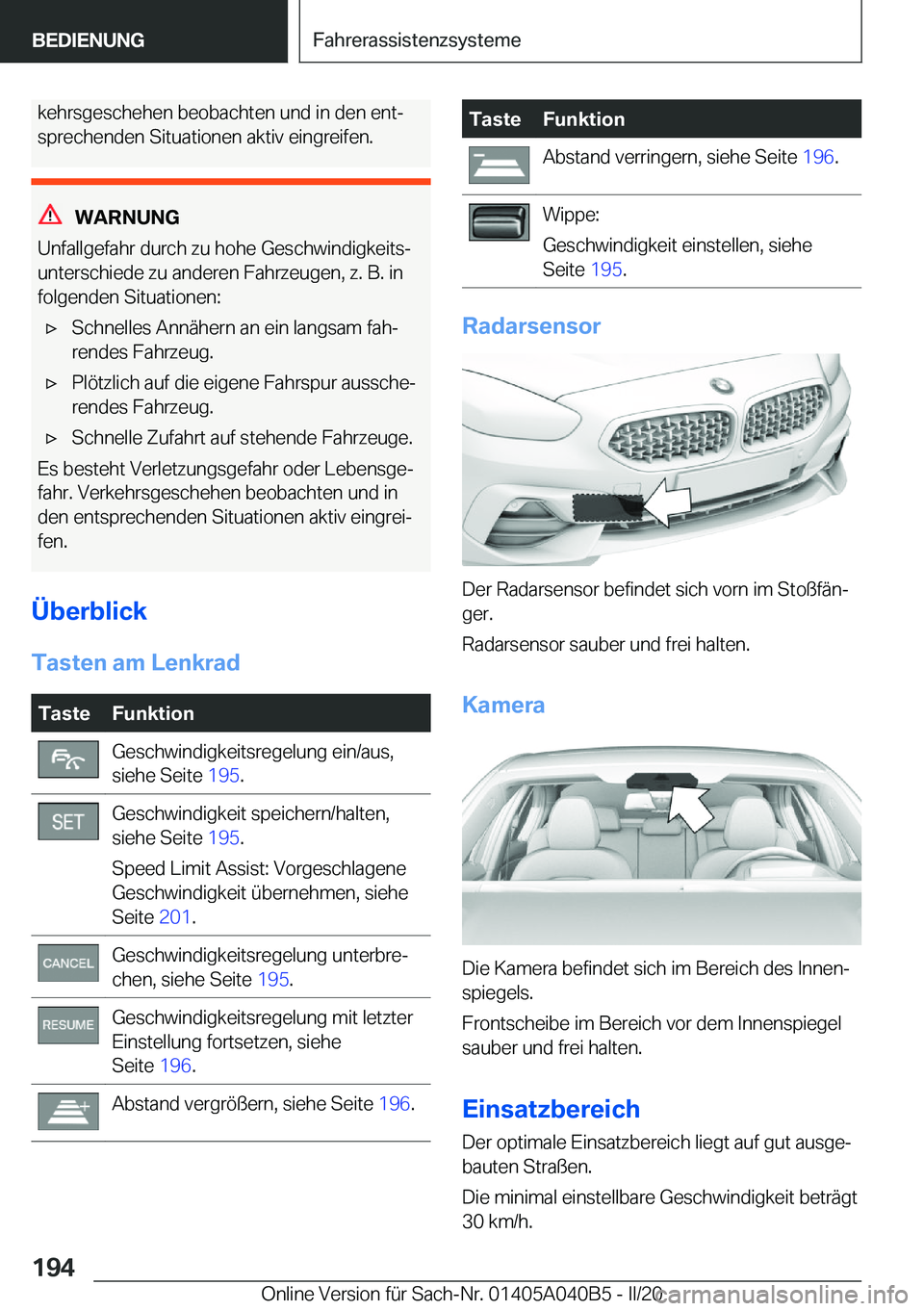 BMW Z4 2020  Betriebsanleitungen (in German) �k�e�h�r�s�g�e�s�c�h�e�h�e�n��b�e�o�b�a�c�h�t�e�n��u�n�d��i�n��d�e�n��e�n�tj�s�p�r�e�c�h�e�n�d�e�n��S�i�t�u�a�t�i�o�n�e�n��a�k�t�i�v��e�i�n�g�r�e�i�f�e�n�.
�W�A�R�N�U�N�G
�U�n�f�a�l�l�g�e�f�a