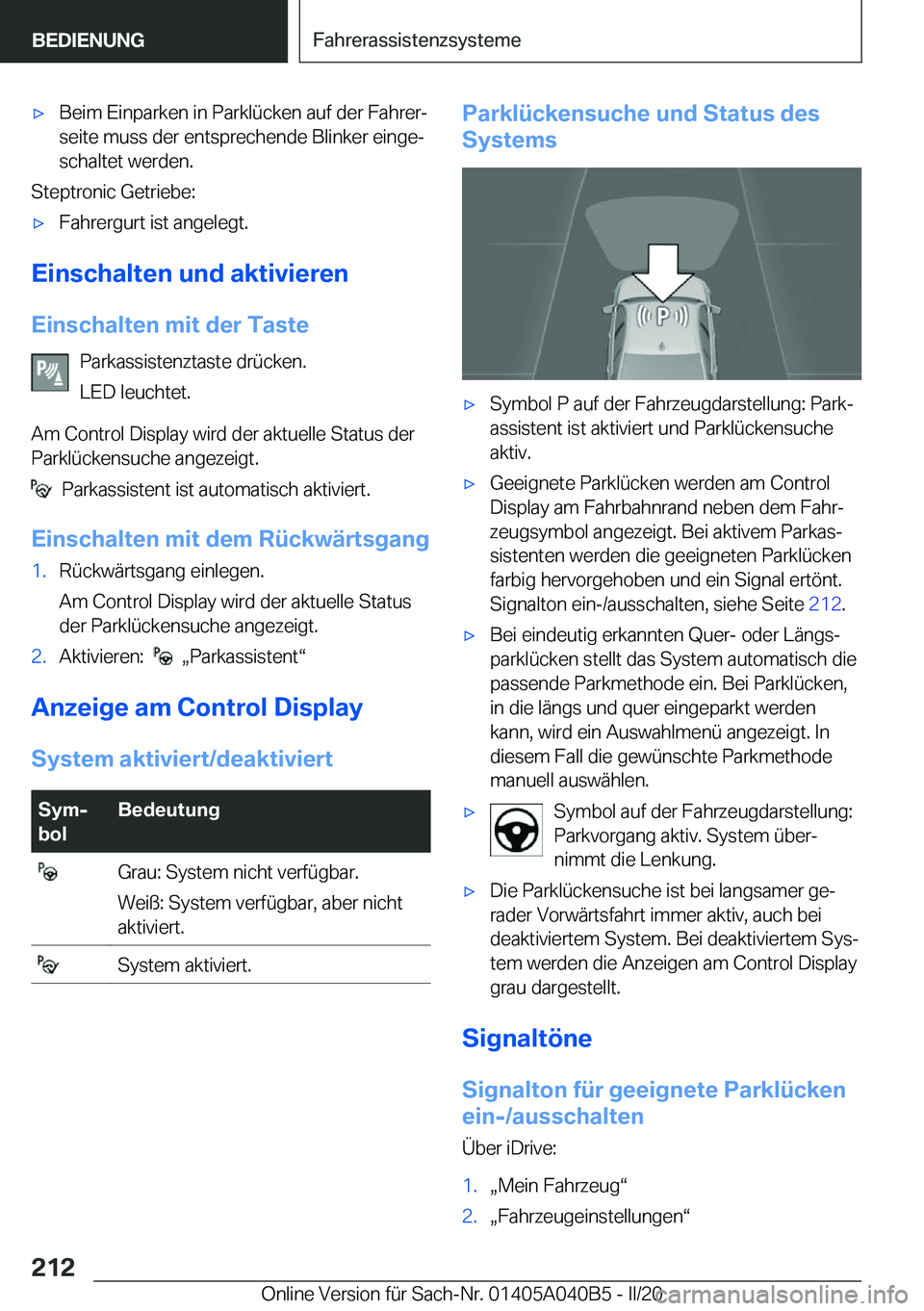 BMW Z4 2020  Betriebsanleitungen (in German) 'x�B�e�i�m��E�i�n�p�a�r�k�e�n��i�n��P�a�r�k�l�