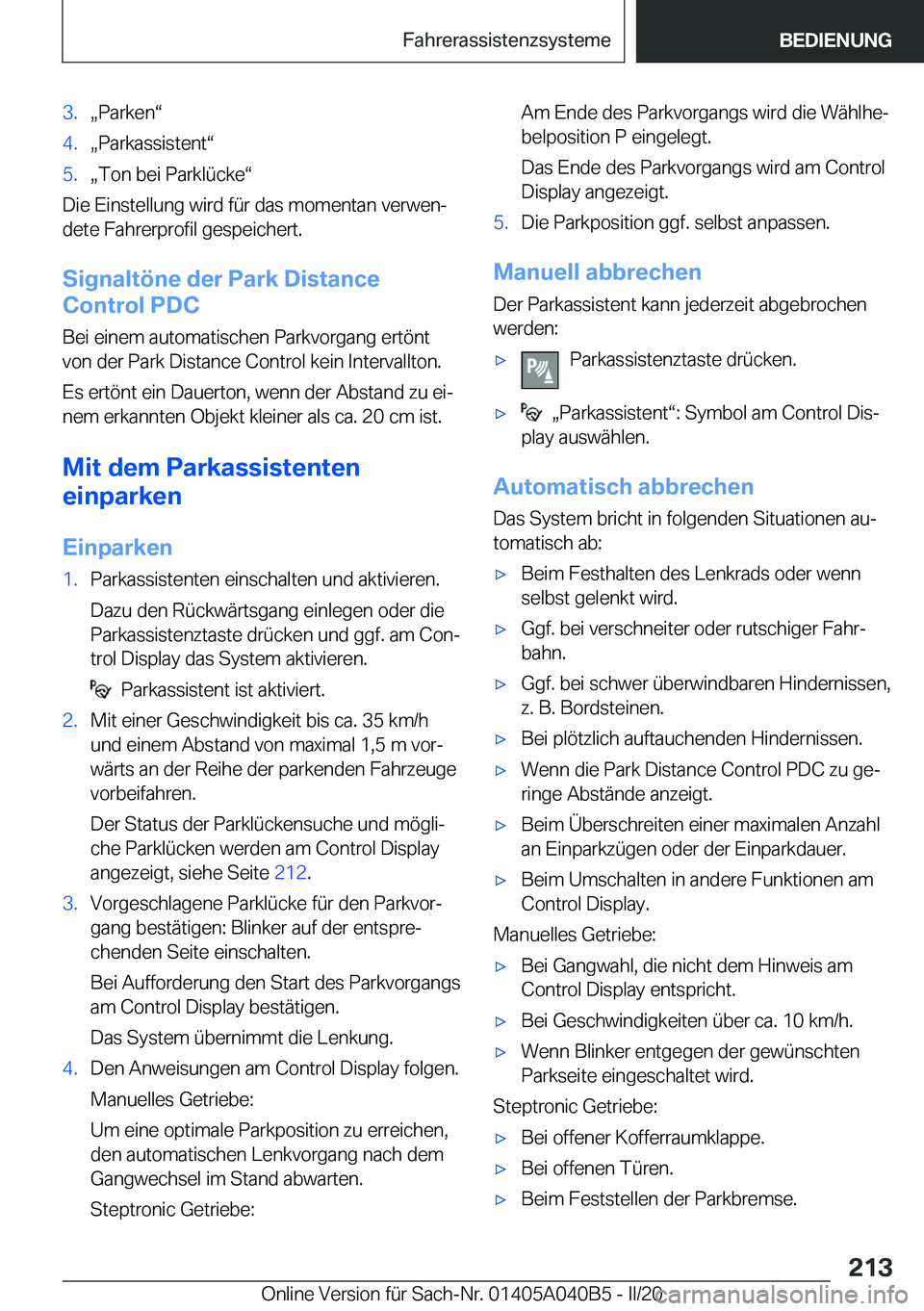 BMW Z4 2020  Betriebsanleitungen (in German) �3�.x�P�a�r�k�e�nv�4�.x�P�a�r�k�a�s�s�i�s�t�e�n�tv�5�.x�T�o�n��b�e�i��P�a�r�k�l�
