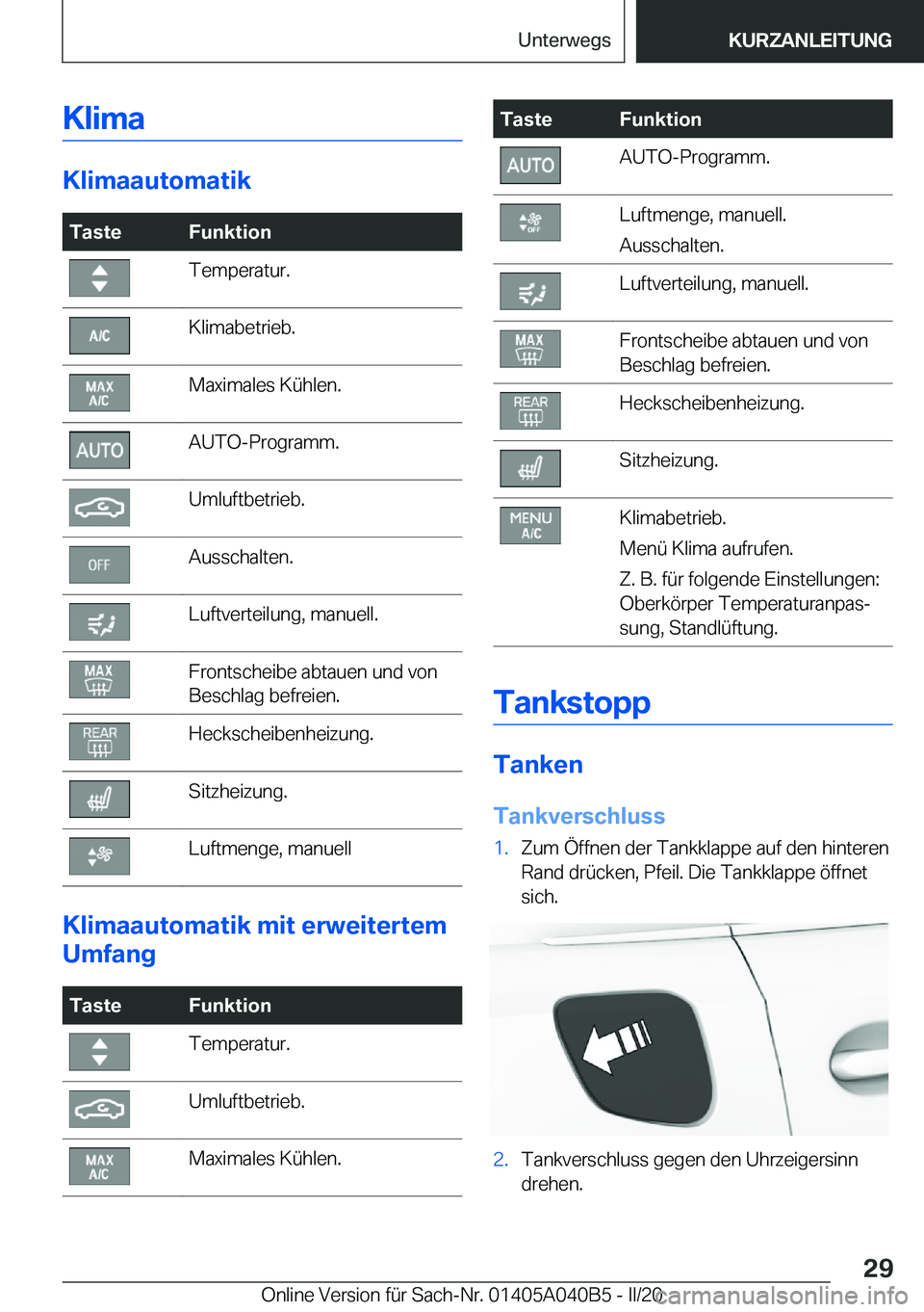 BMW Z4 2020  Betriebsanleitungen (in German) �K�l�i�m�a
�K�l�i�m�a�a�u�t�o�m�a�t�i�k
�T�a�s�t�e�F�u�n�k�t�i�o�n�T�e�m�p�e�r�a�t�u�r�.�K�l�i�m�a�b�e�t�r�i�e�b�.�M�a�x�i�m�a�l�e�s��K�