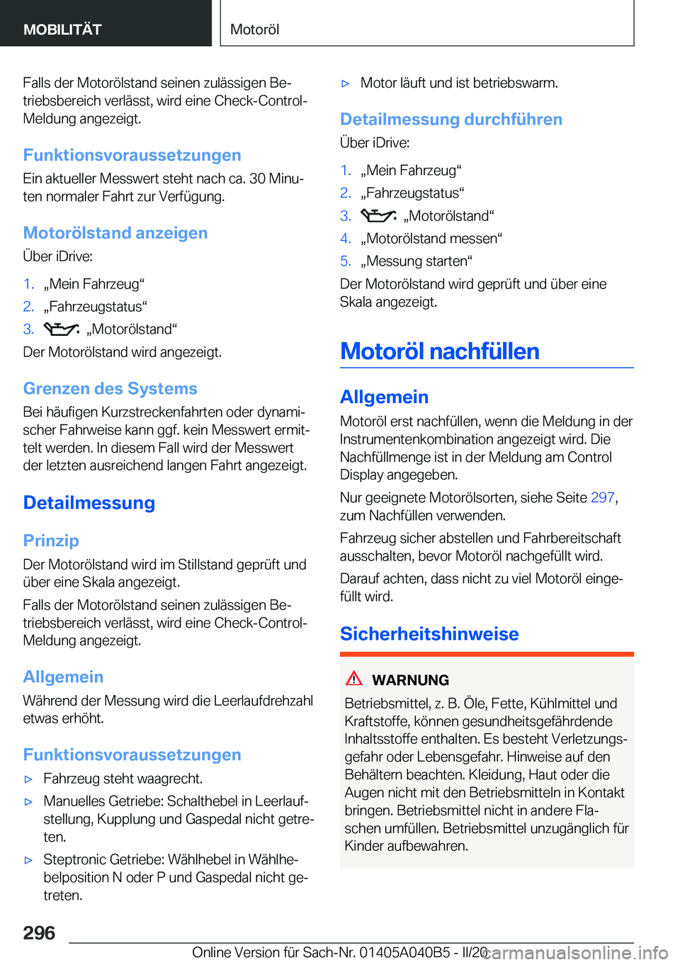 BMW Z4 2020  Betriebsanleitungen (in German) �F�a�l�l�s��d�e�r��M�o�t�o�r�