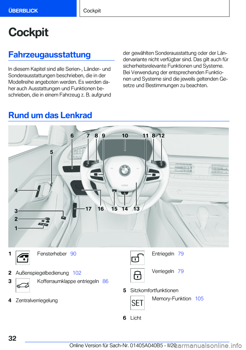 BMW Z4 2020  Betriebsanleitungen (in German) �C�o�c�k�p�i�t�F�a�h�r�z�e�u�g�a�u�s�s�t�a�t�t�u�n�g
�I�n��d�i�e�s�e�m��K�a�p�i�t�e�l��s�i�n�d��a�l�l�e��S�e�r�i�e�n�-�,��L�ä�n�d�e�r�-��u�n�d�S�o�n�d�e�r�a�u�s�s�t�a�t�t�u�n�g�e�n��b�e�s�c�h