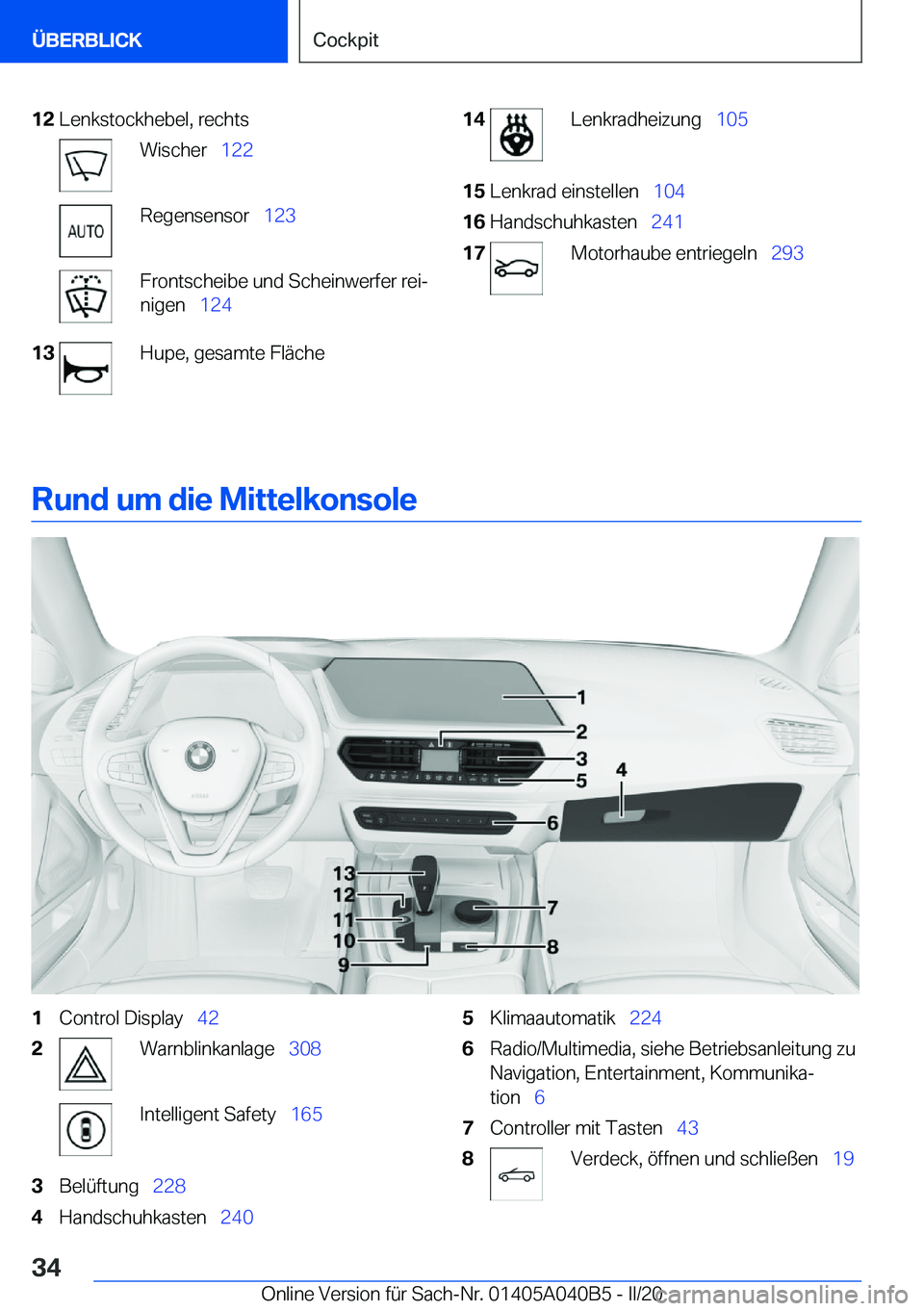 BMW Z4 2020  Betriebsanleitungen (in German) �1�2�L�e�n�k�s�t�o�c�k�h�e�b�e�l�,��r�e�c�h�t�s�W�i�s�c�h�e�r\_�1�2�2�R�e�g�e�n�s�e�n�s�o�r\_ �1�2�3�F�r�o�n�t�s�c�h�e�i�b�e��u�n�d��S�c�h�e�i�n�w�e�r�f�e�r��r�e�ij
�n�i�g�e�n\_ �1�2�4�1�3�