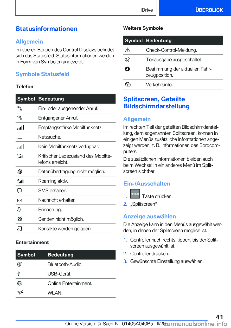 BMW Z4 2020  Betriebsanleitungen (in German) �S�t�a�t�u�s�i�n�f�o�r�m�a�t�i�o�n�e�n�A�l�l�g�e�m�e�i�n
�I�m��o�b�e�r�e�n��B�e�r�e�i�c�h��d�e�s��C�o�n�t�r�o�l��D�i�s�p�l�a�y�s��b�e�f�i�n�d�e�t
�s�i�c�h��d�a�s��S�t�a�t�u�s�f�e�l�d�.��S�t�a