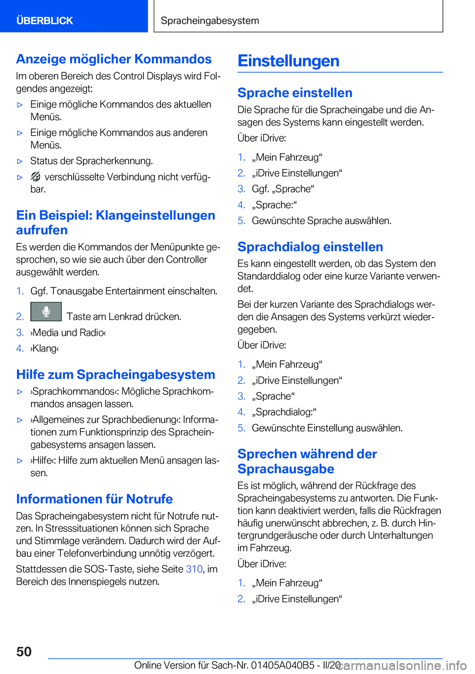 BMW Z4 2020  Betriebsanleitungen (in German) �A�n�z�e�i�g�e��m�