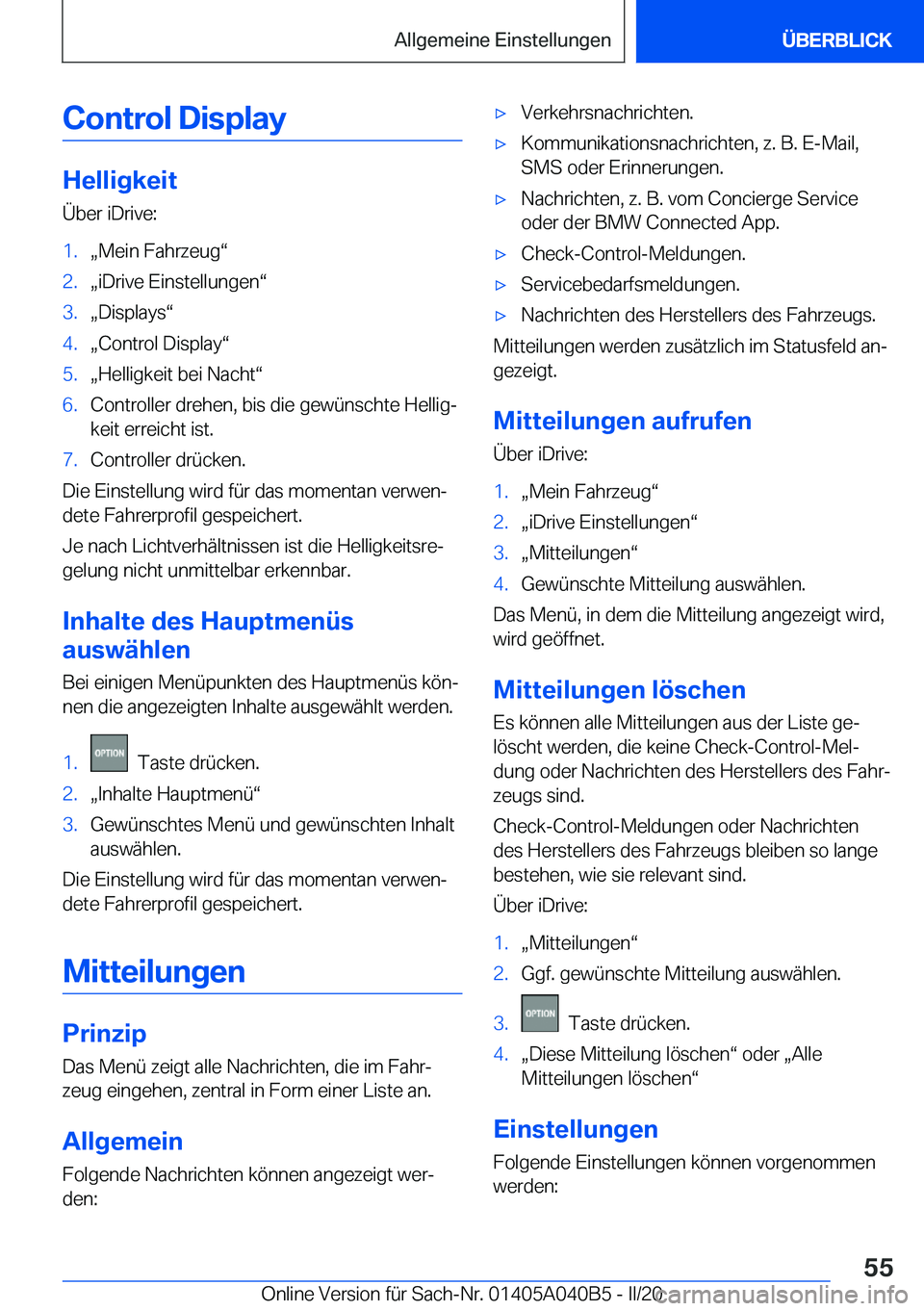 BMW Z4 2020  Betriebsanleitungen (in German) �C�o�n�t�r�o�l��D�i�s�p�l�a�y
�H�e�l�l�i�g�k�e�i�t
�
