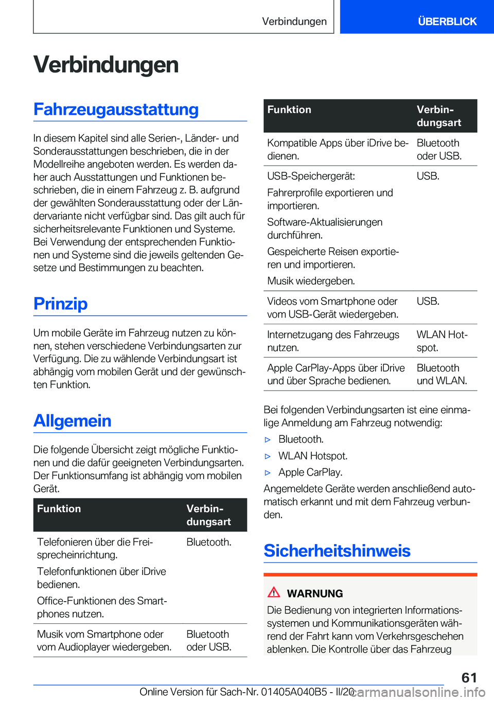 BMW Z4 2020  Betriebsanleitungen (in German) �V�e�r�b�i�n�d�u�n�g�e�n�F�a�h�r�z�e�u�g�a�u�s�s�t�a�t�t�u�n�g
�I�n��d�i�e�s�e�m��K�a�p�i�t�e�l��s�i�n�d��a�l�l�e��S�e�r�i�e�n�-�,��L�ä�n�d�e�r�-��u�n�d�S�o�n�d�e�r�a�u�s�s�t�a�t�t�u�n�g�e�n�