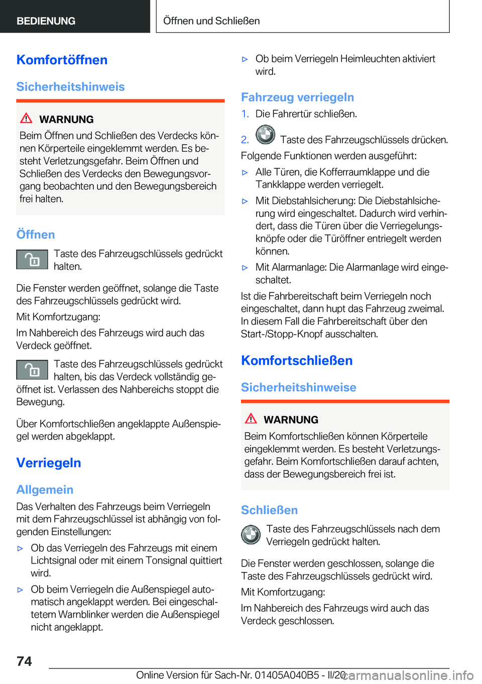 BMW Z4 2020  Betriebsanleitungen (in German) �K�o�m�f�o�r�t�