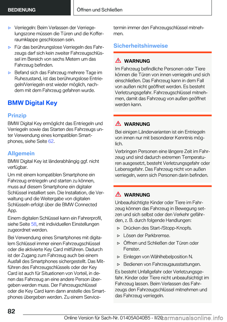 BMW Z4 2020  Betriebsanleitungen (in German) 'x�V�e�r�r�i�e�g�e�l�n�:��B�e�i�m��V�e�r�l�a�s�s�e�n��d�e�r��V�e�r�r�i�e�g�ej
�l�u�n�g�s�z�o�n�e��m�